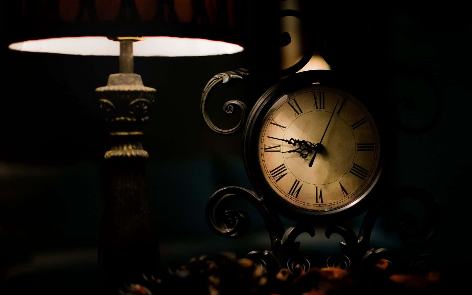Time 桌布 壁紙 — 一個裝飾華麗的復古時鐘，帶有羅馬數字，在昏暗的房間裡，在一盞亮著的檯燈旁邊柔和地發光。