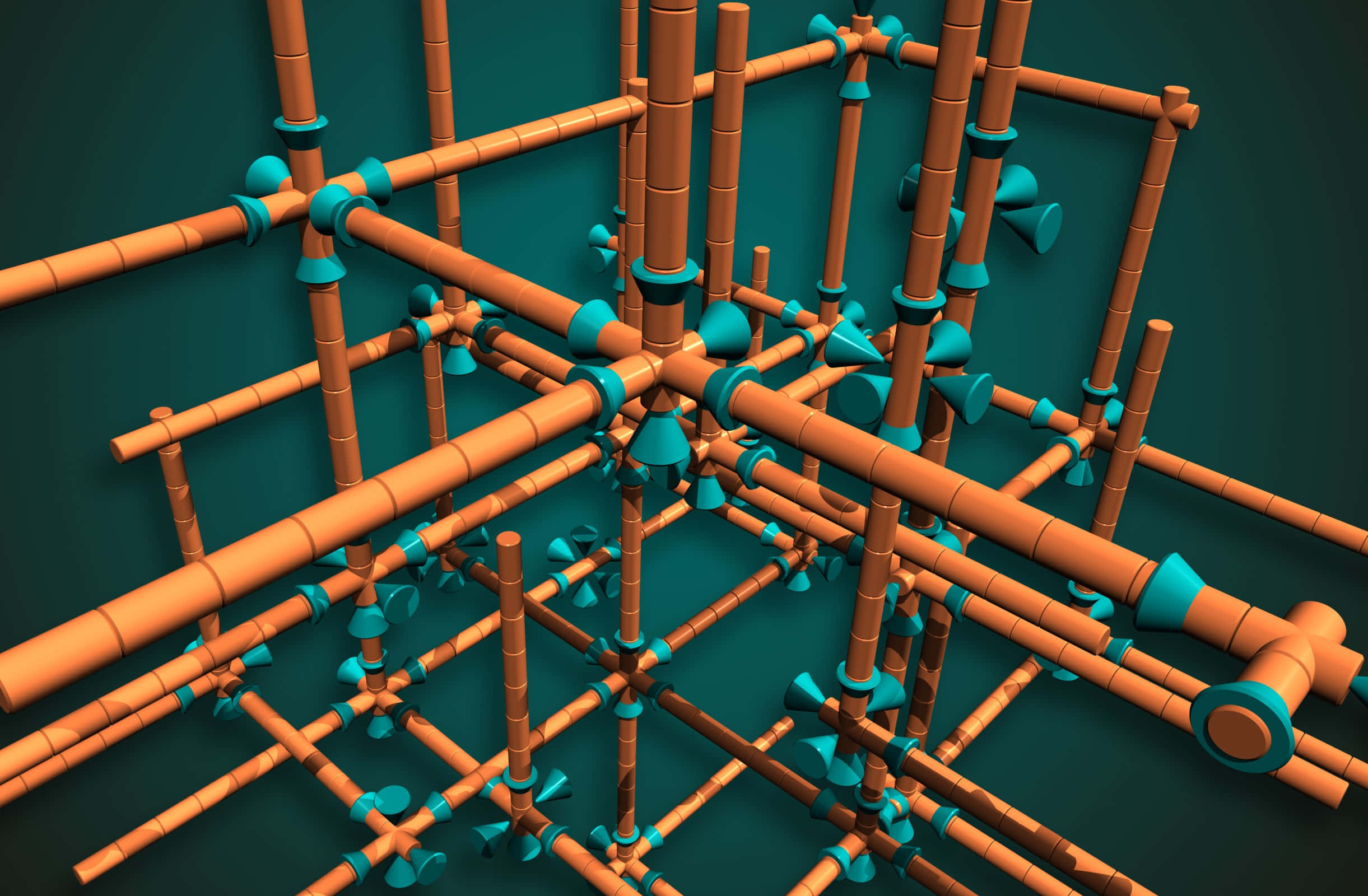 Plumbing 桌布 壁紙 — 一個複雜的3D渲染橙色管道網絡，帶有深青色配件，背景為深青色。