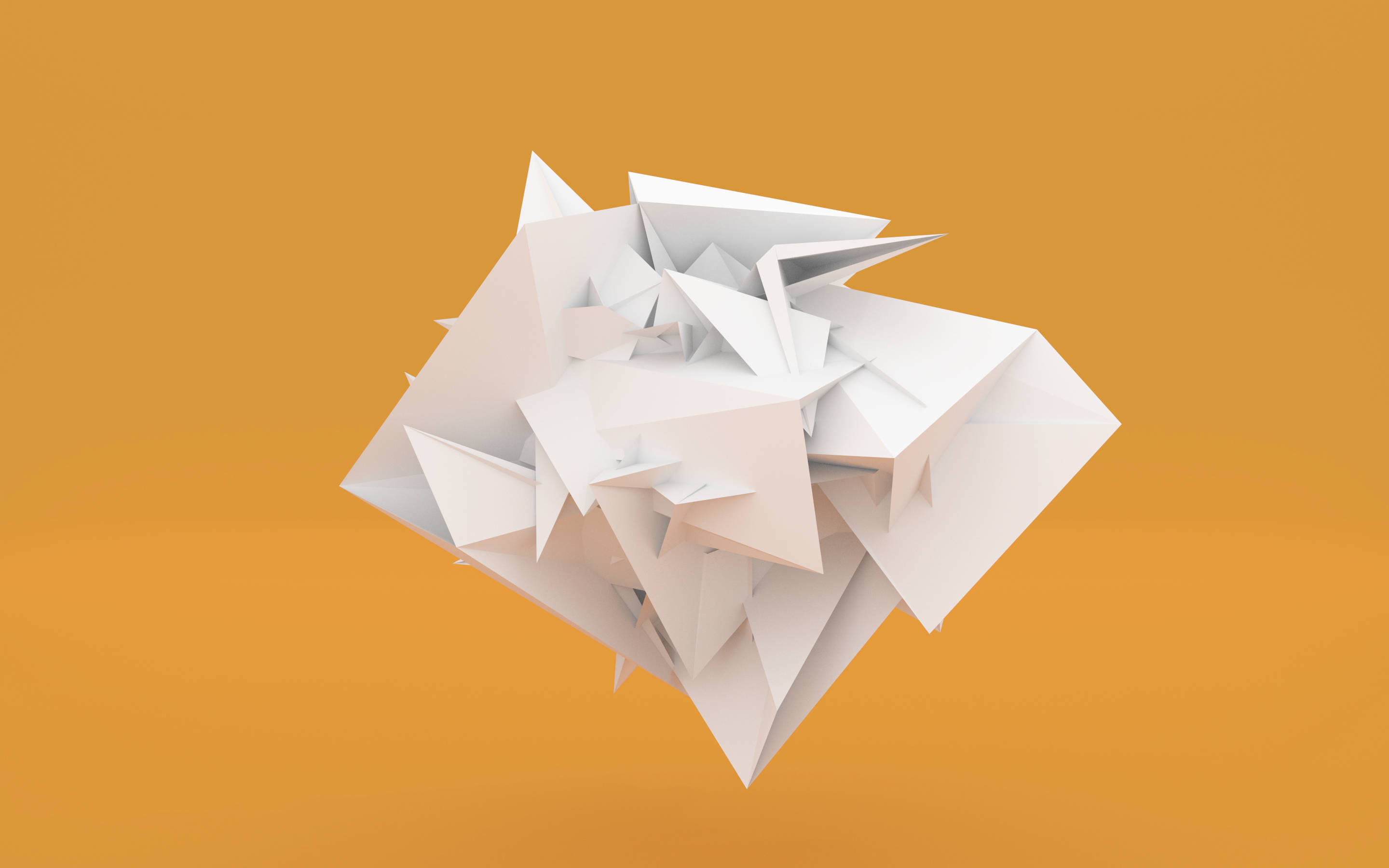 3D 桌布 壁紙 — 一個複雜的白色幾何雕塑漂浮在溫暖的橙色漸變背景上。