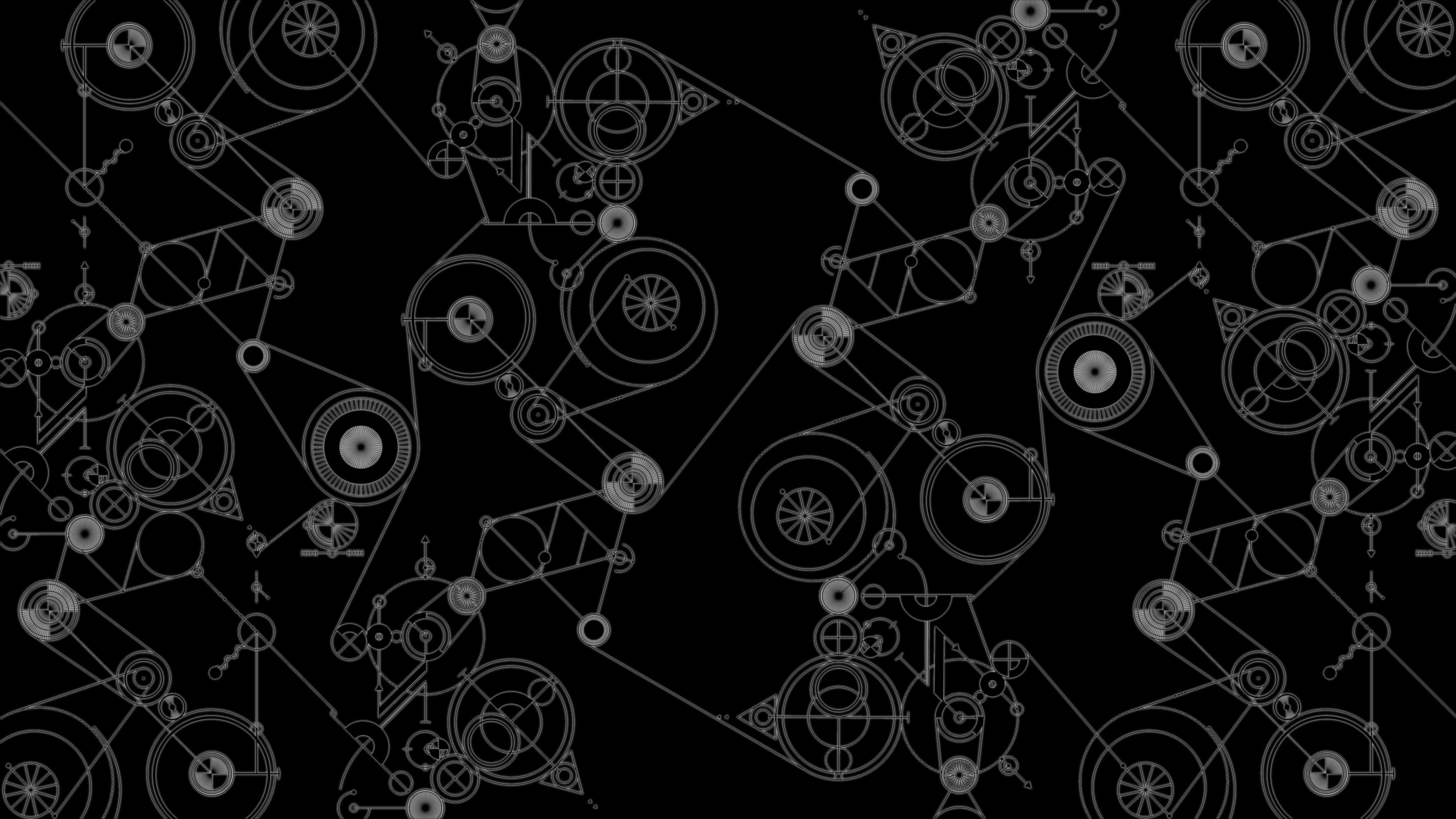 Steins Gate 桌布 壁紙 — 一個複雜的白色線條繪圖，描繪了相互連接的機械齒輪和嵌齒輪，漂浮在純黑色背景上。