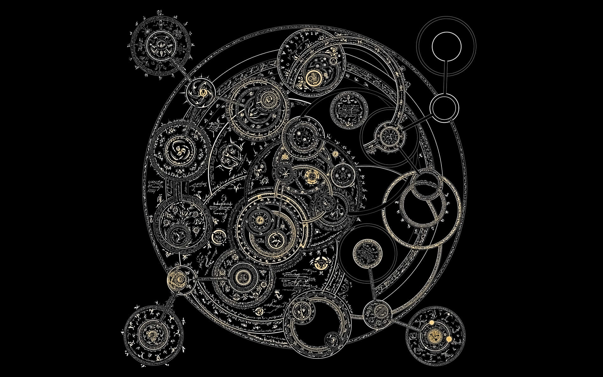Alchemy 桌布 壁紙 — 一個複雜的金色和黑色天體齒輪系統漂浮在虛空背景上，散發著宇宙的精準度。
