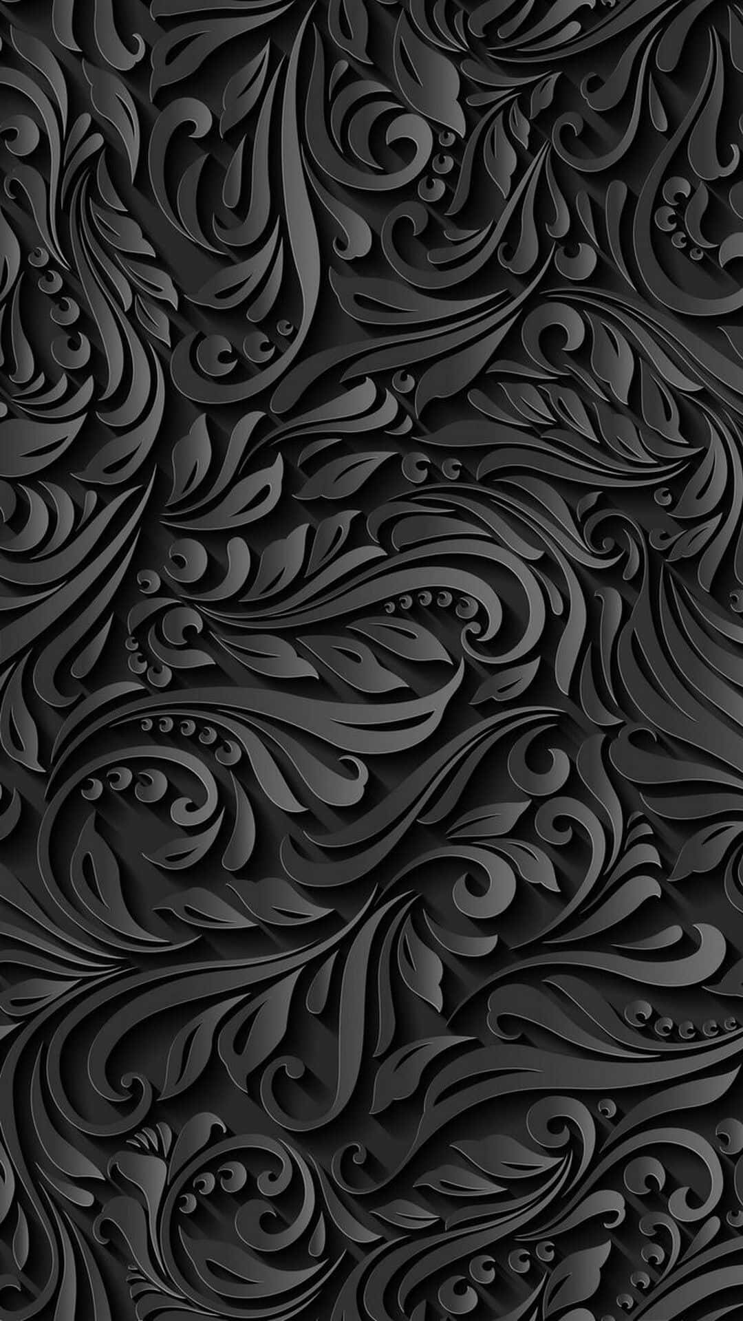 Black Pattern 桌布 壁紙 — 一個複雜的黑灰色3D裝飾圖案，帶有旋轉的葉子和藤蔓，營造出豪華的紋理牆紙。