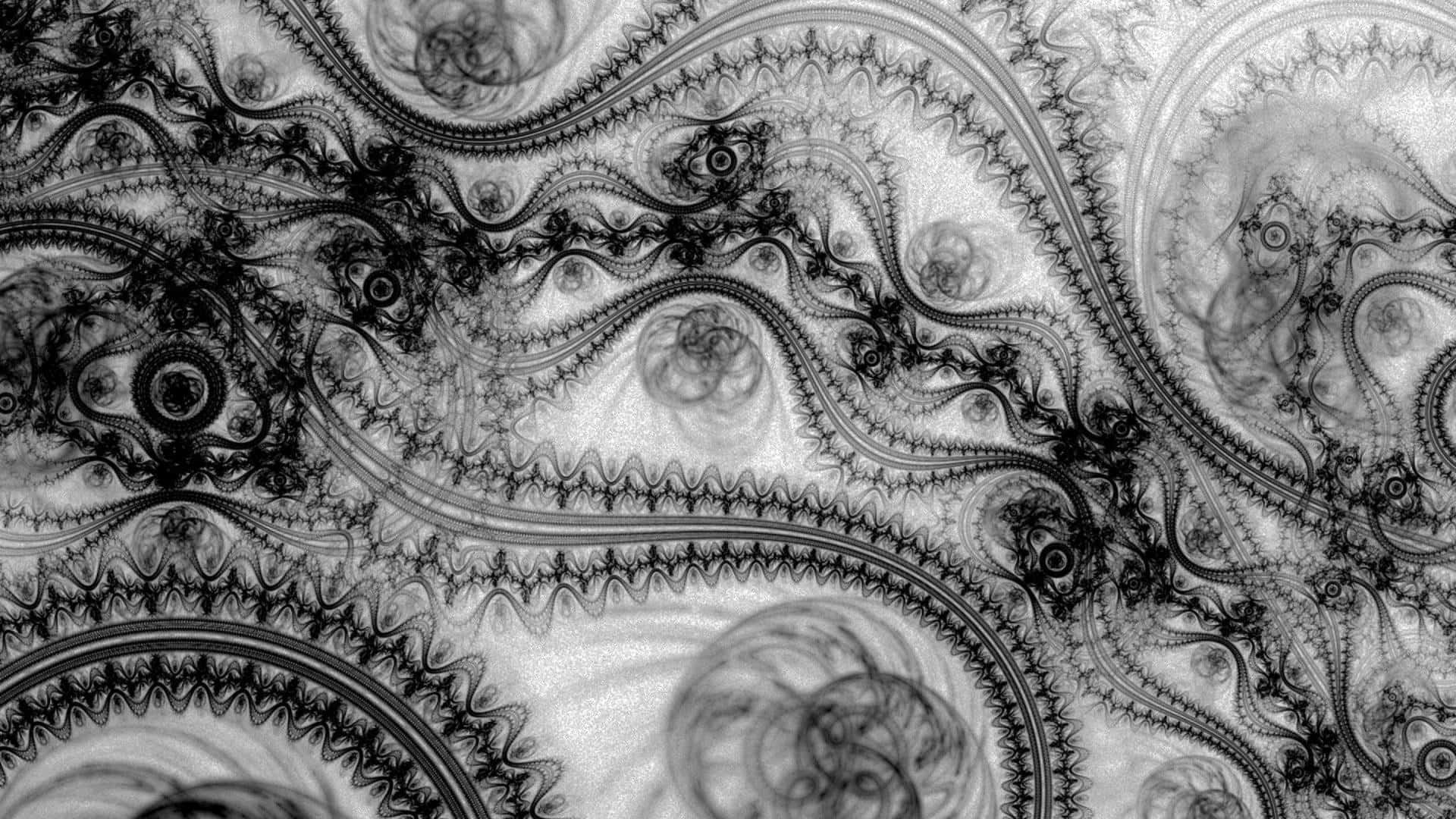 Lace 桌布 壁紙 — 一個複雜的黑白分形圖案，帶有漩渦狀有機形狀和重複的圓形圖案。