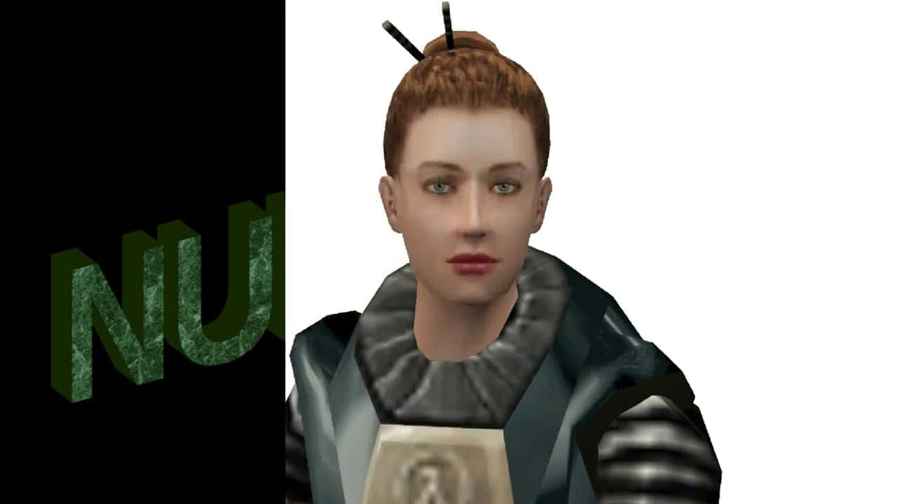 Half-life Characters 桌布 壁紙 — 一個角色，紅色頭髮盤成髮髻，帶有天線，穿著深色裝甲背心，背景為白色，帶有綠色紋理「NU」標誌。