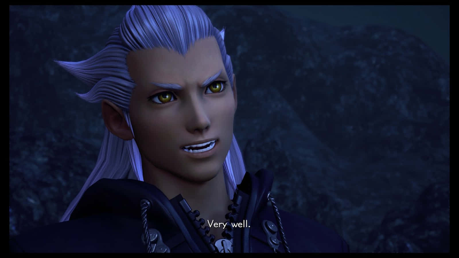 Ansem Seeker Of Darkness 桌布 壁紙 — 一個角色嘅特寫，佢有尖尖嘅銀色頭髮同發光嘅黃色眼睛，背景係黑暗嘅岩石。