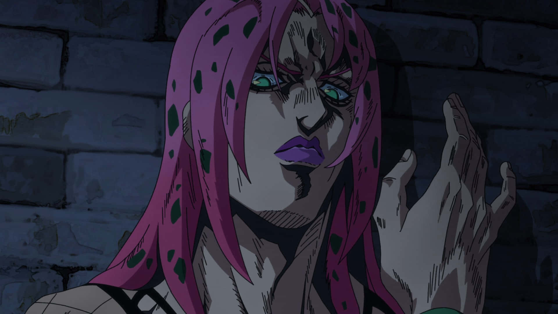 Jojo's Bizarre Adventure Diavolo 桌布 壁紙 — 一個角色嘅特寫，粉紅色頭髮同綠色眼睛，背景係黑暗嘅磚牆，喺一個戲劇性嘅動畫場景中。