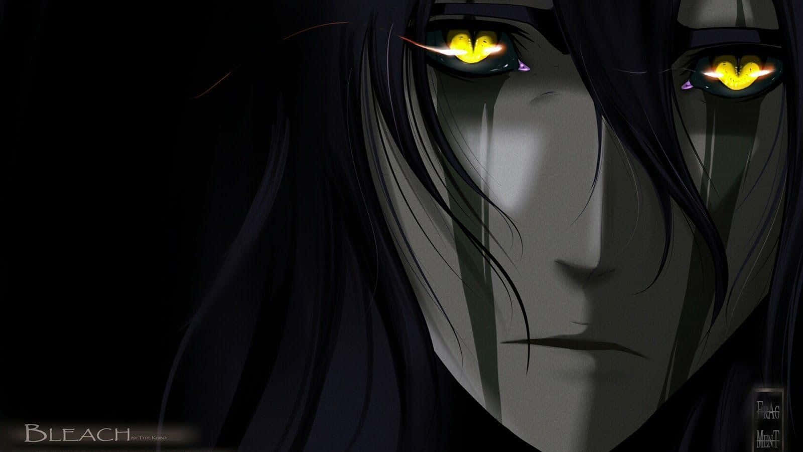 Ulquiorra Cifer 桌布 壁紙 — 一個角色嘅近距離動畫肖像，擁有發光嘅黃色眼睛同長長嘅黑色頭髮，背景係黑暗嘅。