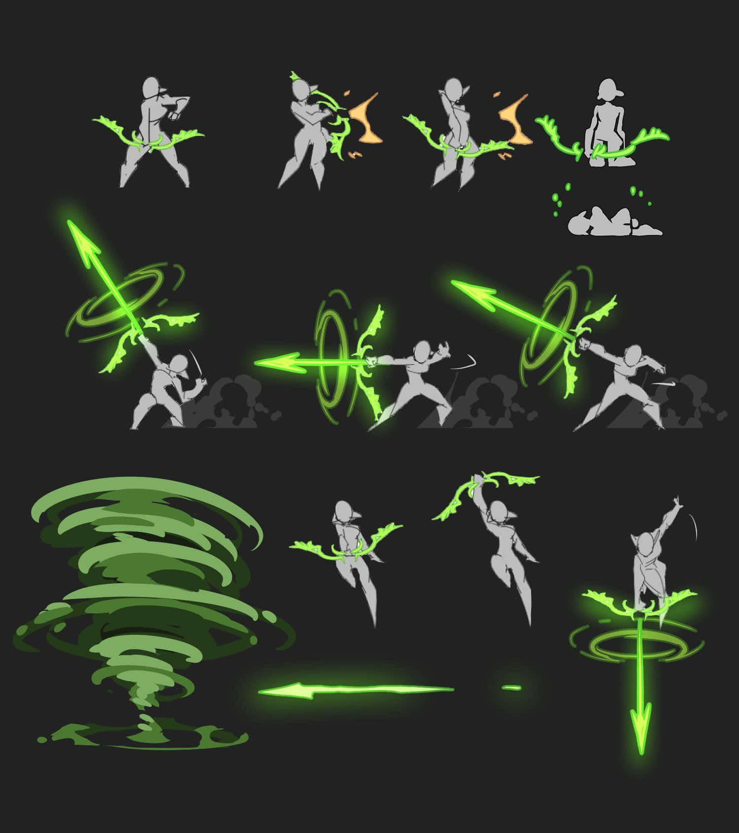 Game Animation 桌布 壁紙 — 一個角色在黑暗背景前揮舞著發光的綠色能量刀刃，擺出動態戰鬥姿勢。