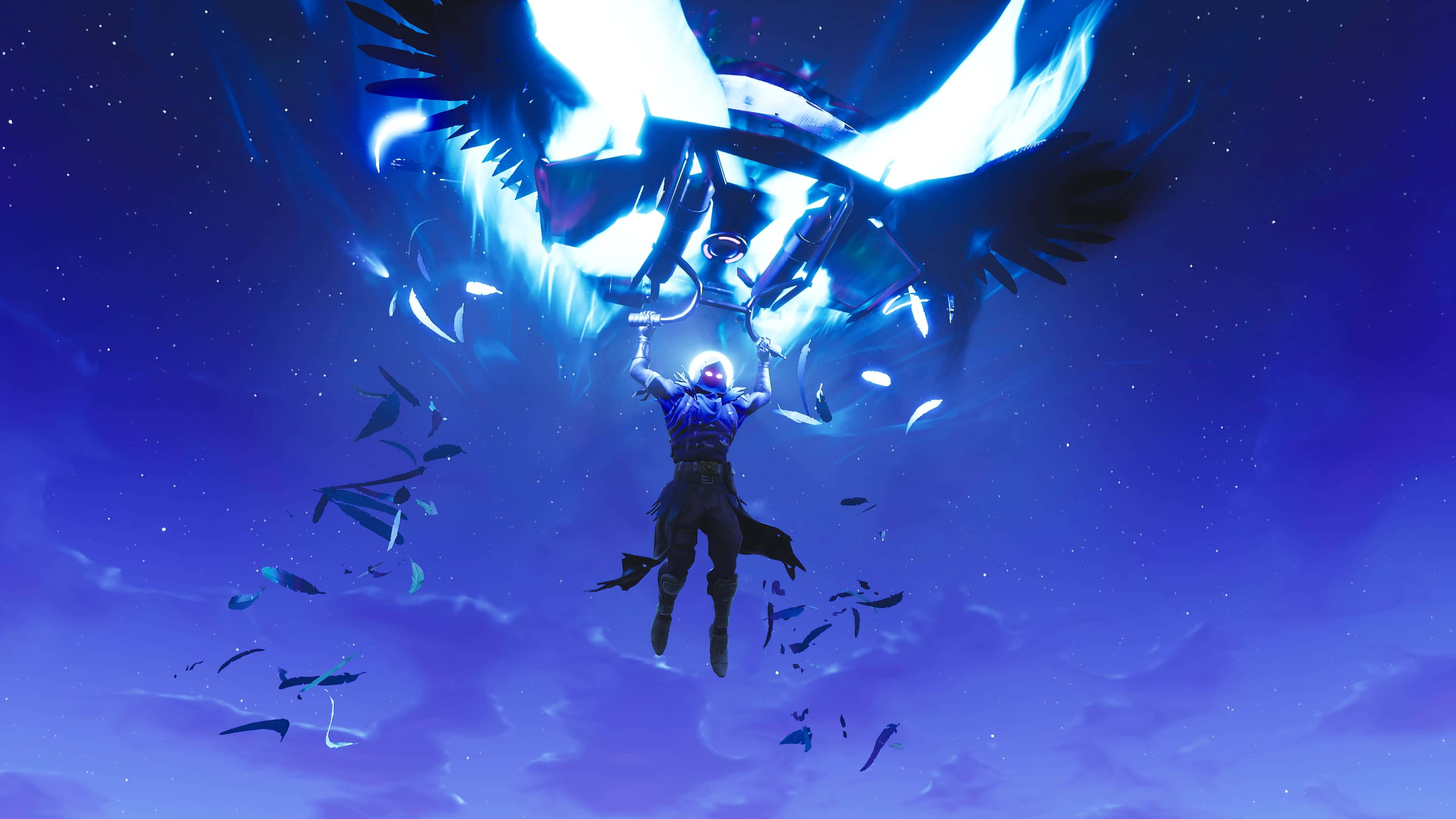 Raven Fortnite 桌布 壁紙 — 一個角色懸掛在發光的藍色機械有翼生物上，背景是星光燦爛的黃昏天空。
