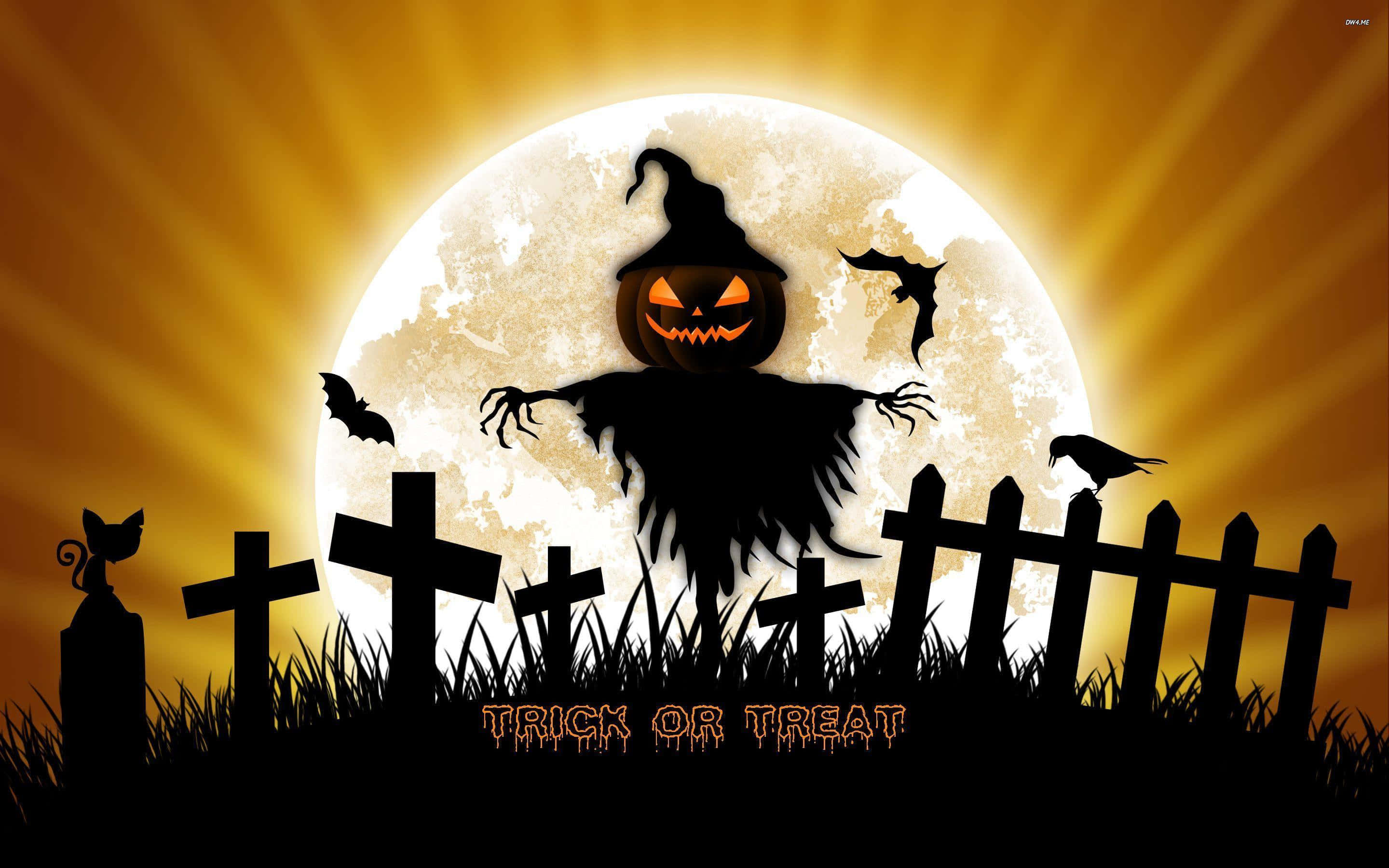 Trick Or Treat 桌布 壁紙 — 一個詭異的傑克南瓜燈稻草人站在滿月前，蝙蝠和墓碑在燦爛的橙色天空下形成剪影。