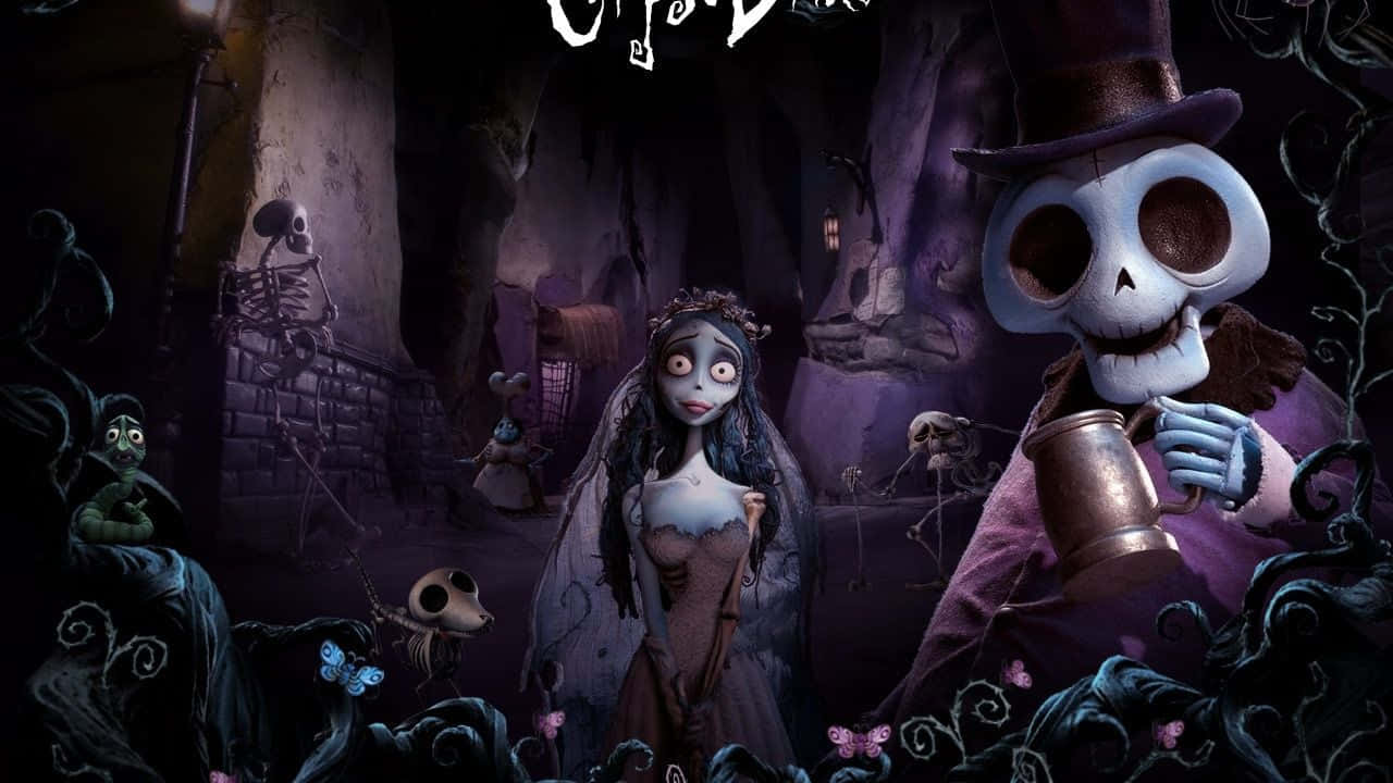 corpse bride 桌布 壁紙 — 一個詭異的動畫場景，描繪新娘和骷髏紳士在黑暗哥德式洞穴中，周圍有發光的蝴蝶和怪異的藤蔓。