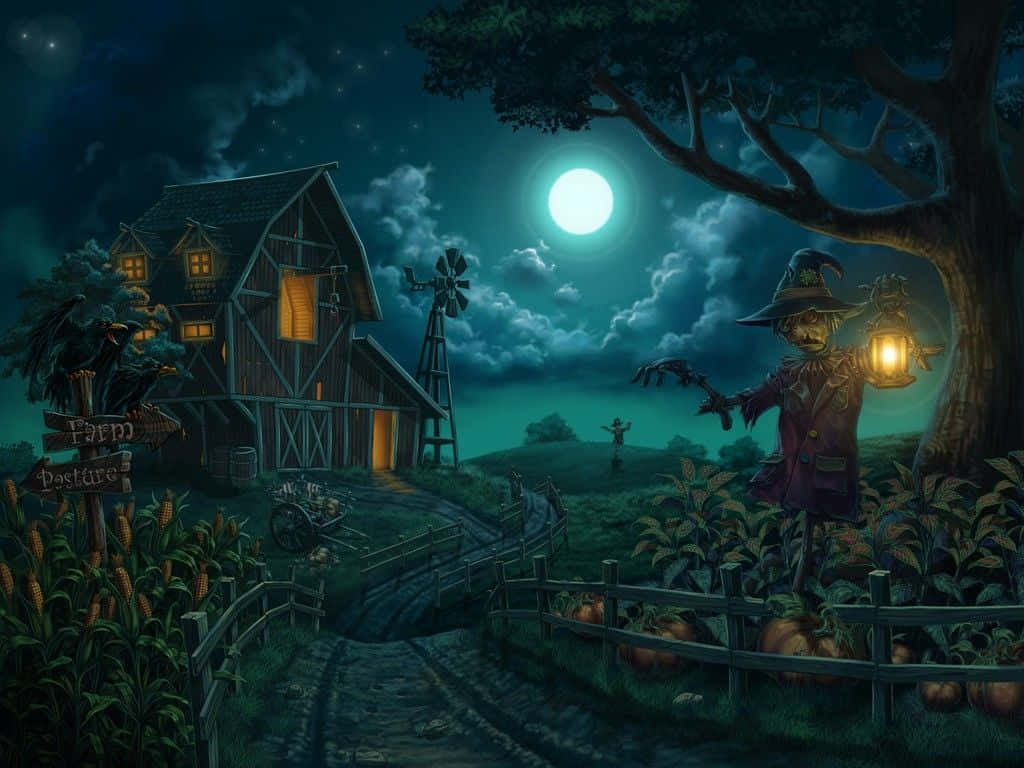 Scarecrows 桌布 壁紙 — 一個詭異的稻草人拿著燈籠站在南瓜田旁，在滿月下守護著夜晚的舊農舍。