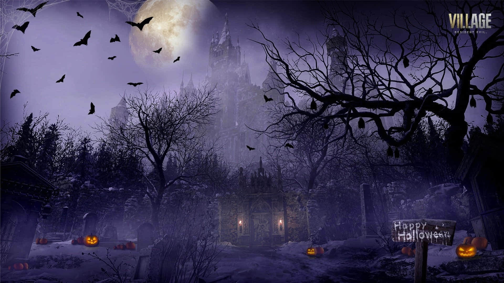 Resident Evil Village 桌布 壁紙 — 一個詭異的萬聖節場景，滿月下的鬼城堡，周圍環繞著蝙蝠、光禿禿的樹木和發光的南瓜燈。