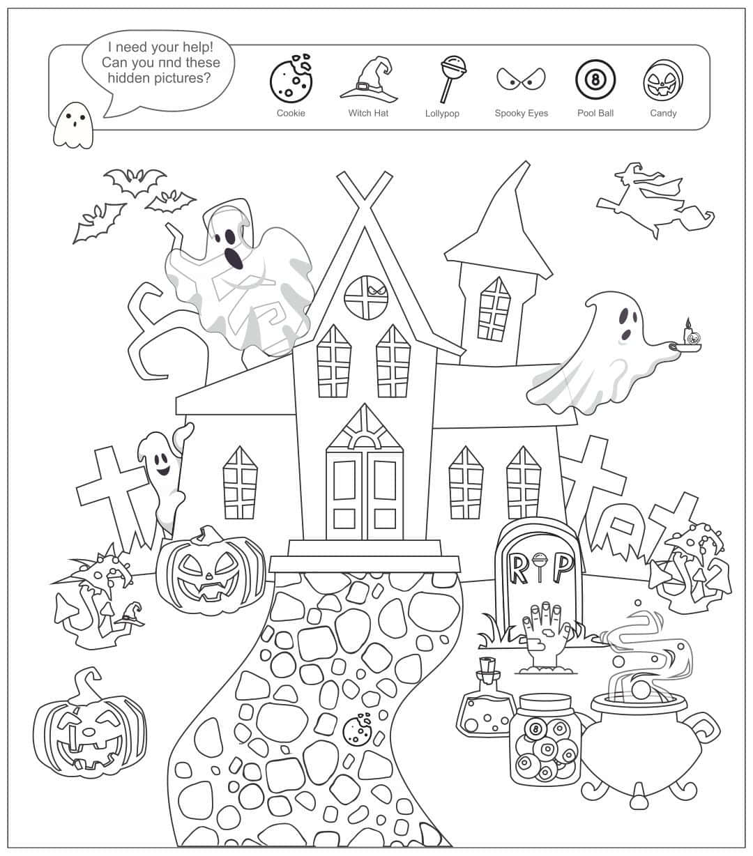 Halloween Puzzles 桌布 壁紙 — 一個詭異的萬聖節填色頁，描繪了一座被鬼魂、南瓜和墓碑包圍的鬼屋，並附有隱藏物品線索。
