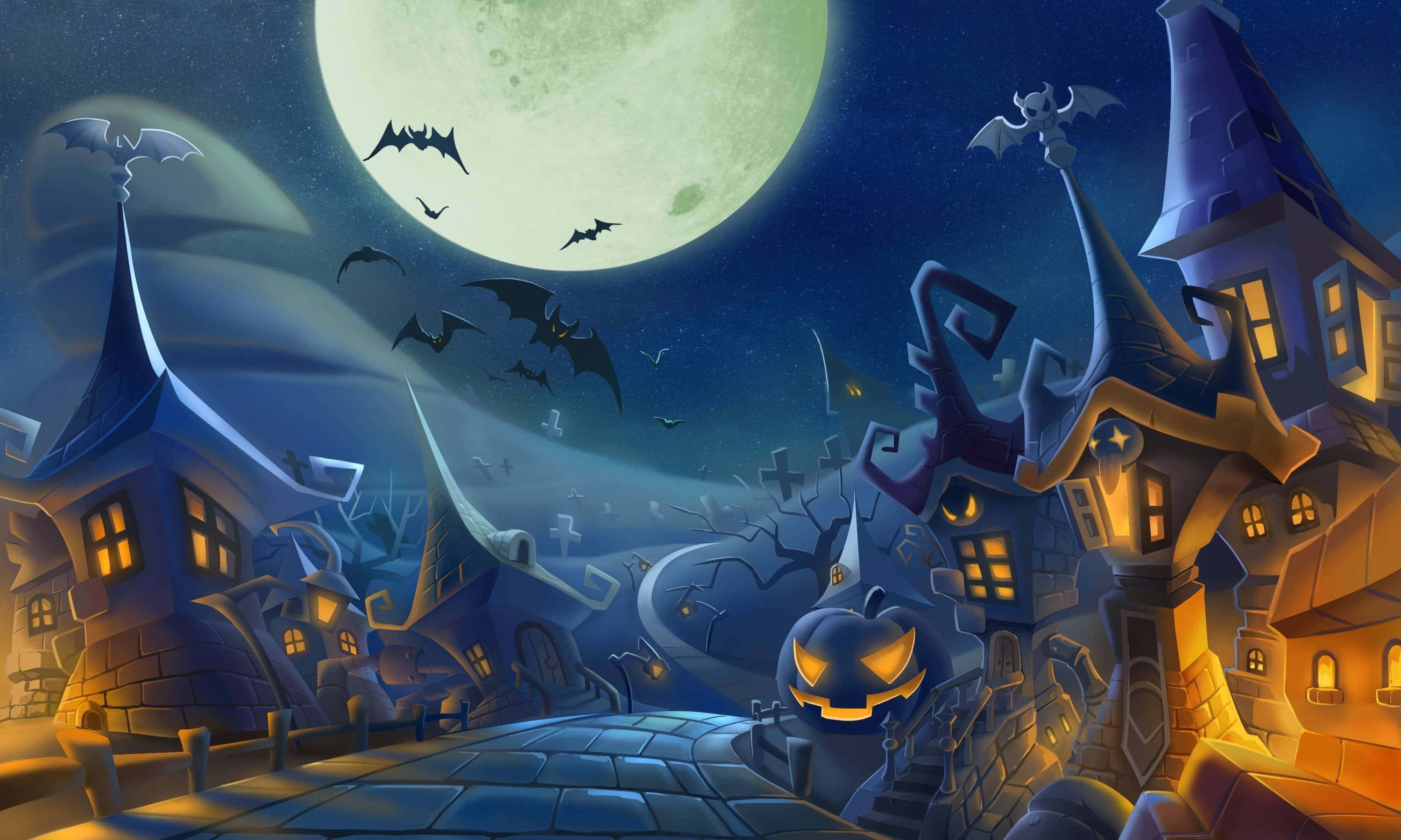 Spooky Halloween 桌布 壁紙 — 一個詭異的萬聖節村莊，在明亮的滿月下，蝙蝠飛舞，南瓜燈照亮鵝卵石街道。