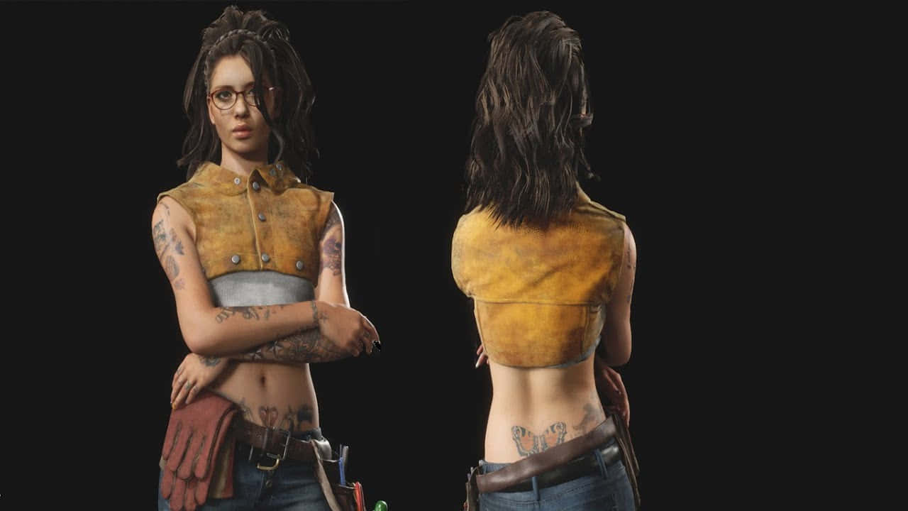Devil May Cry Characters 桌布 壁紙 — 一個詳細的3D渲染，展示一位紋身女子穿著黃色背心，正面和背面在黑色背景前。