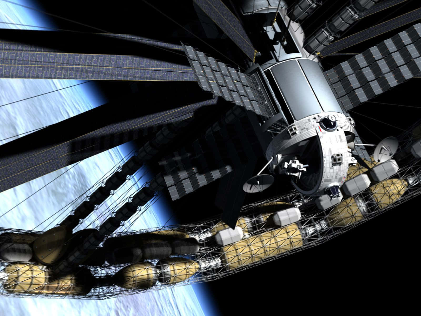 Space Station 桌布 壁紙 — 一個詳細的3D渲染，展示了一個帶有太陽能電池板和模組的太空站，在黑色虛空中繞地球運行。