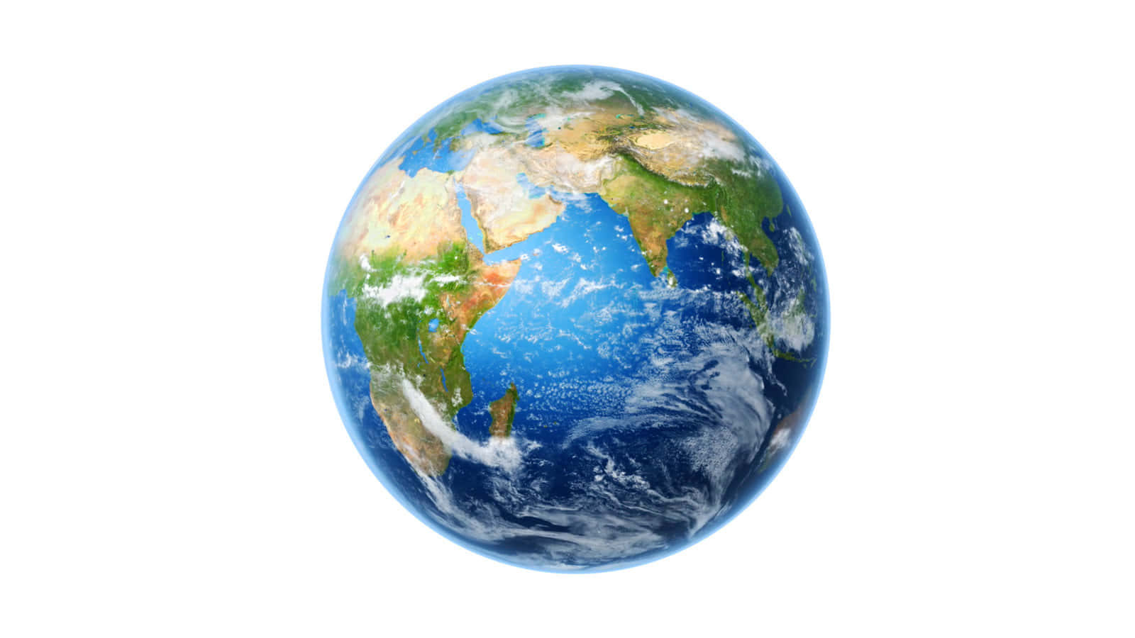 World 桌布 壁紙 — 一個詳細的3D渲染地球，顯示大陸、海洋和雲層，背景為白色。