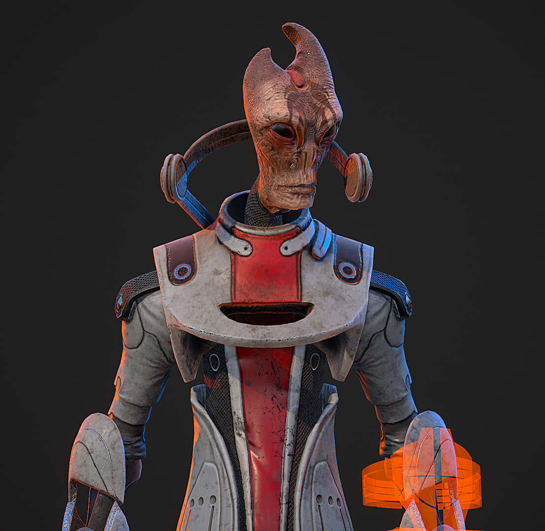 Mordin Solus 桌布 壁紙 — 一個詳細的3D渲染外星戰士，頭上有角，身穿紅色盔甲，站在黑暗背景前。