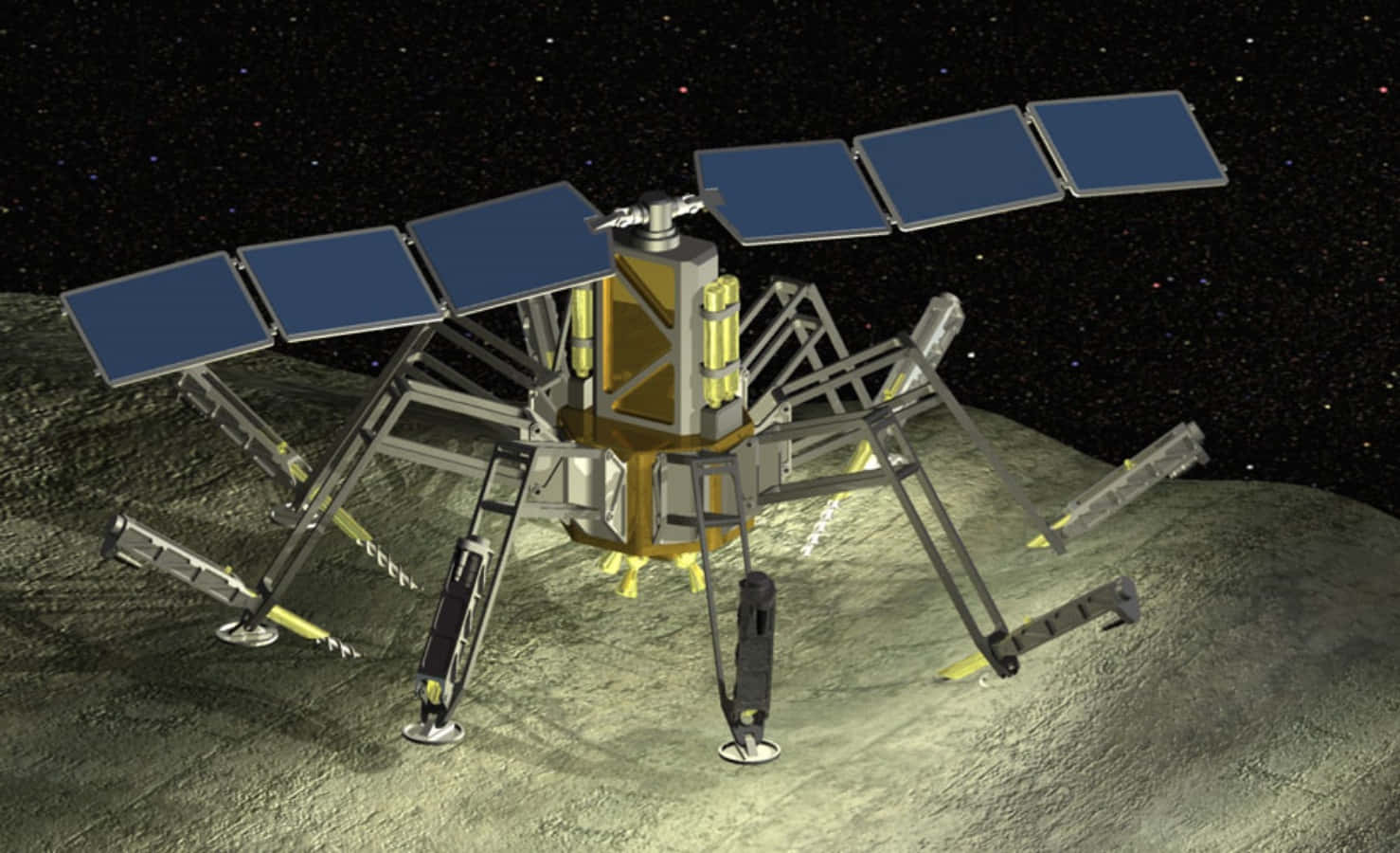 Space Mining 桌布 壁紙 — 一個詳細的3D渲染太空探測器，帶有太陽能板和機械臂，站在佈滿岩石的小行星表面，上方是繁星點點的虛空。