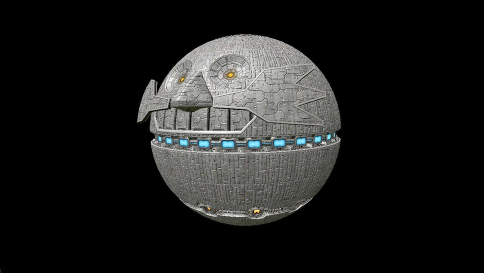 Death Egg 桌布 壁紙 — 一個詳細的3D渲染死星，帶有發光的藍色面板和橙色燈光，背景為黑色虛空。
