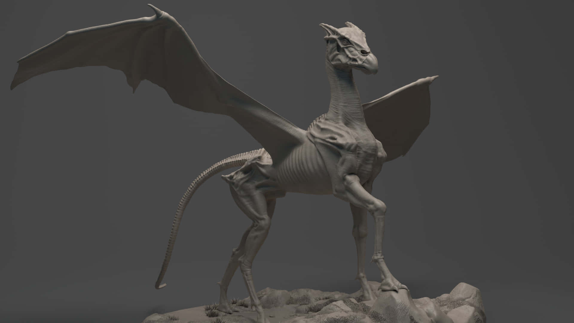 Thestral 桌布 壁紙 — 一個詳細的3D渲染骨骼龍，展開翅膀，站在岩石地形上，背景是純灰色。