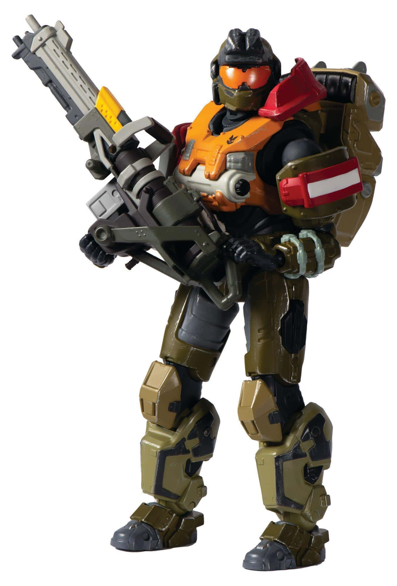 Jorge-052 桌布 壁紙 — 一個詳細的Halo士兵動作人偶，身穿橙色和橄欖色盔甲，在白色背景前手持大型未來武器。
