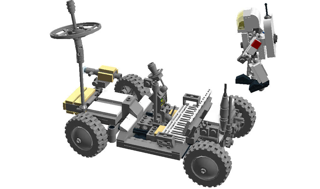 Lunar Rover 桌布 壁紙 — 一個詳細的LEGO模型，展示了一輛堅固的越野車，配有方向盤和一個小型機械人公仔在旁邊。
