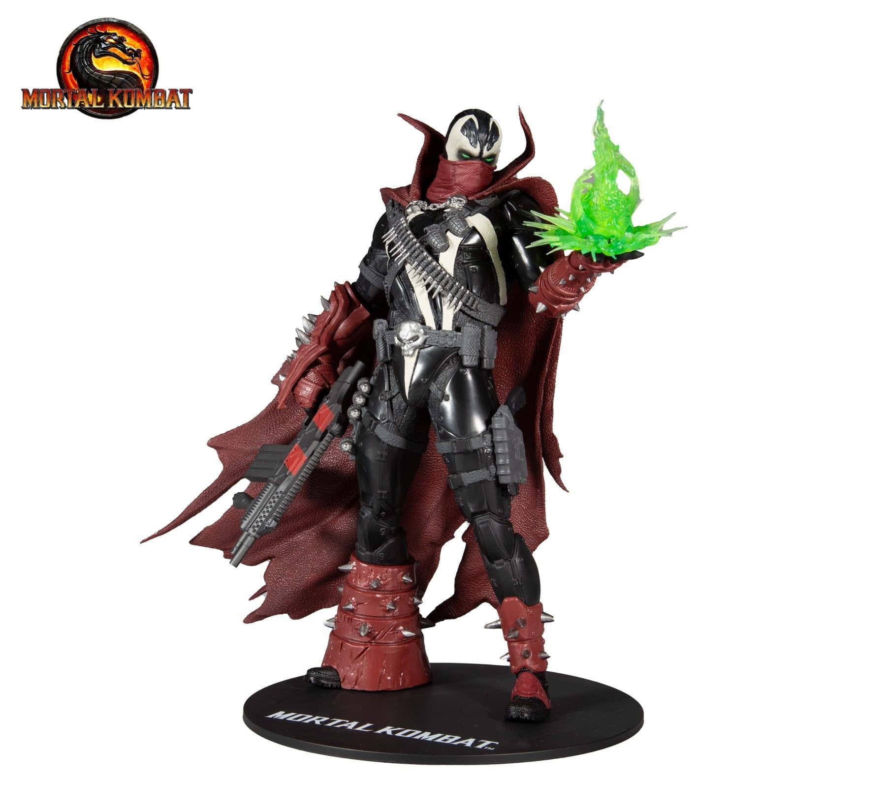 Mortal Kombat 11 Spawn 桌布 壁紙 — 一個詳細的Mortal Kombat人偶，描繪一位身穿黑色盔甲和紅色披風、手持綠色火焰的蒙面戰士。