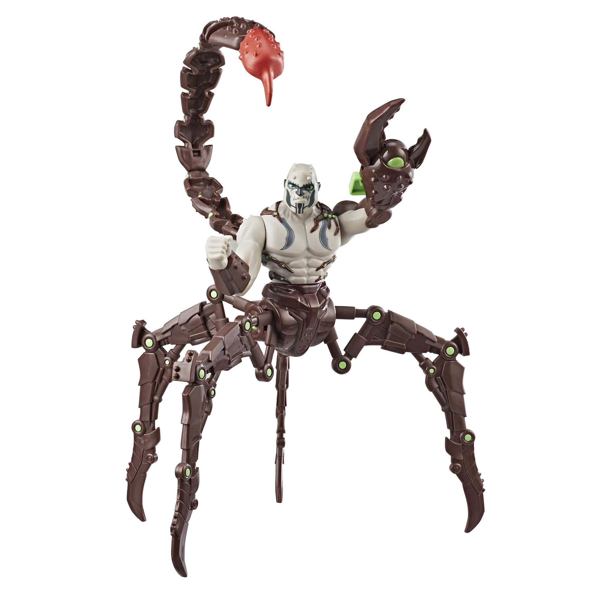 The Scorpion 桌布 壁紙 — 一個詳細的人形蠍子動作人偶，具有裝甲肢體、發光綠色關節和舉起的毒刺，背景為白色。