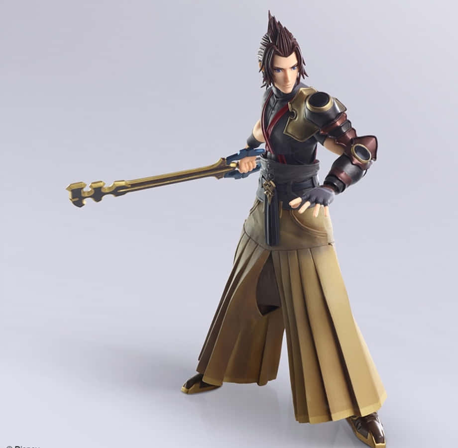 Kingdom Hearts Terra 桌布 壁紙 — 一個詳細的動作人偶，描繪一位幻想戰士，擁有尖刺頭髮和華麗盔甲，手持金色鑰刃，背景為純灰色。