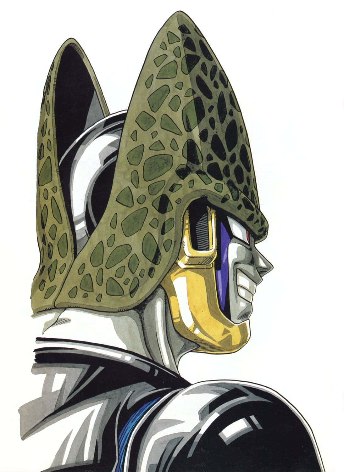 Cell Games 桌布 壁紙 — 一個詳細的動漫風格肖像，描繪一個角色戴著綠色鱗片頭盔和金色面罩的側面。