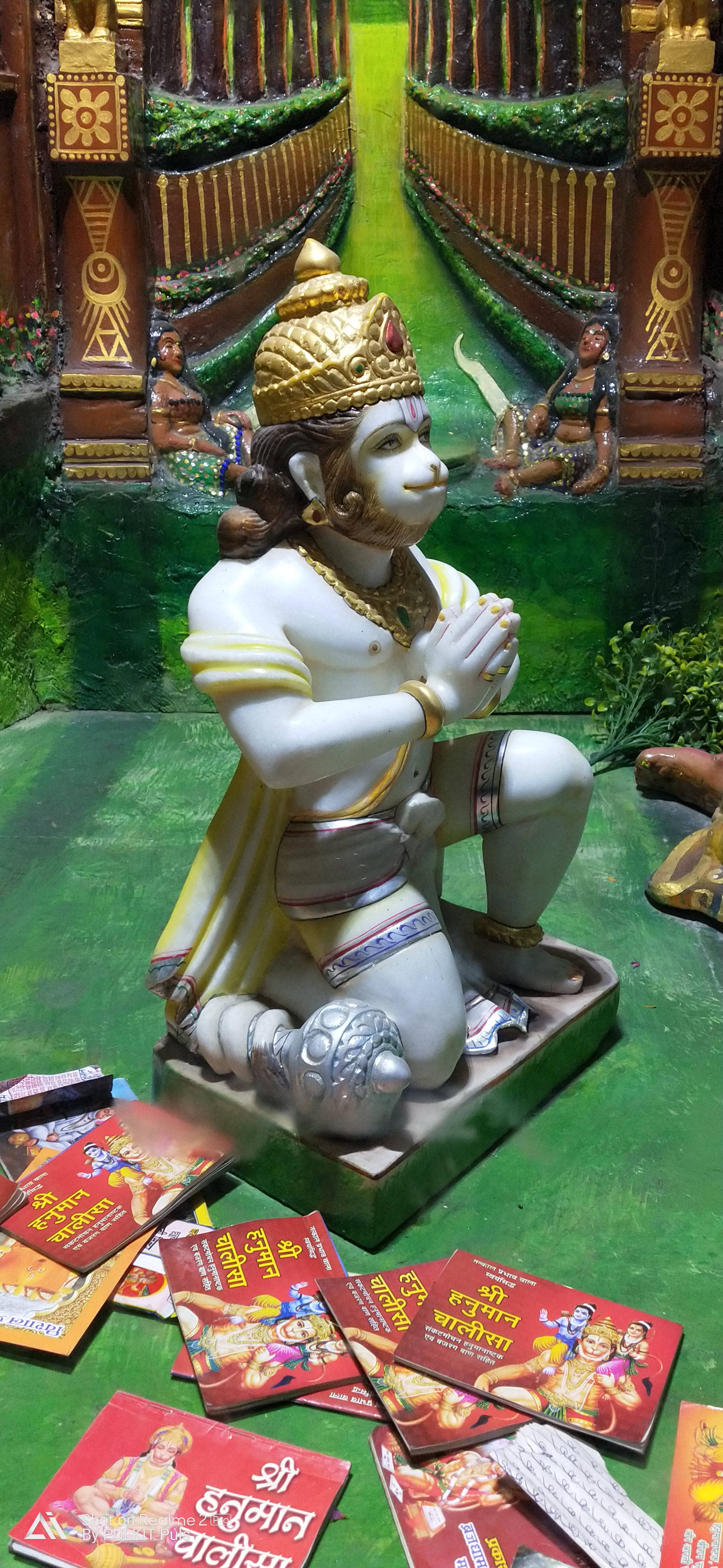 hanuman art 桌布 壁紙 — 一個詳細的哈努曼雕像，呈跪姿祈禱姿勢，周圍環繞著印度教宗教書籍，位於綠色表面上。