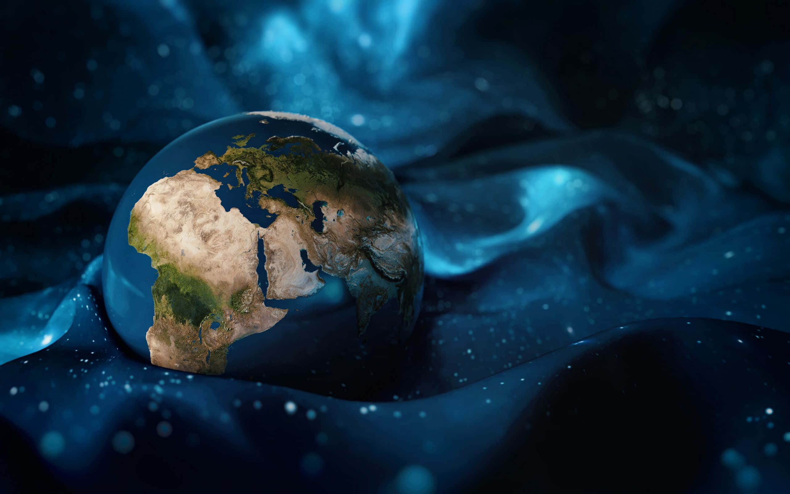World 桌布 壁紙 — 一個詳細的地球儀漂浮在深空中旋轉的宇宙藍色能量和發光粒子之間。