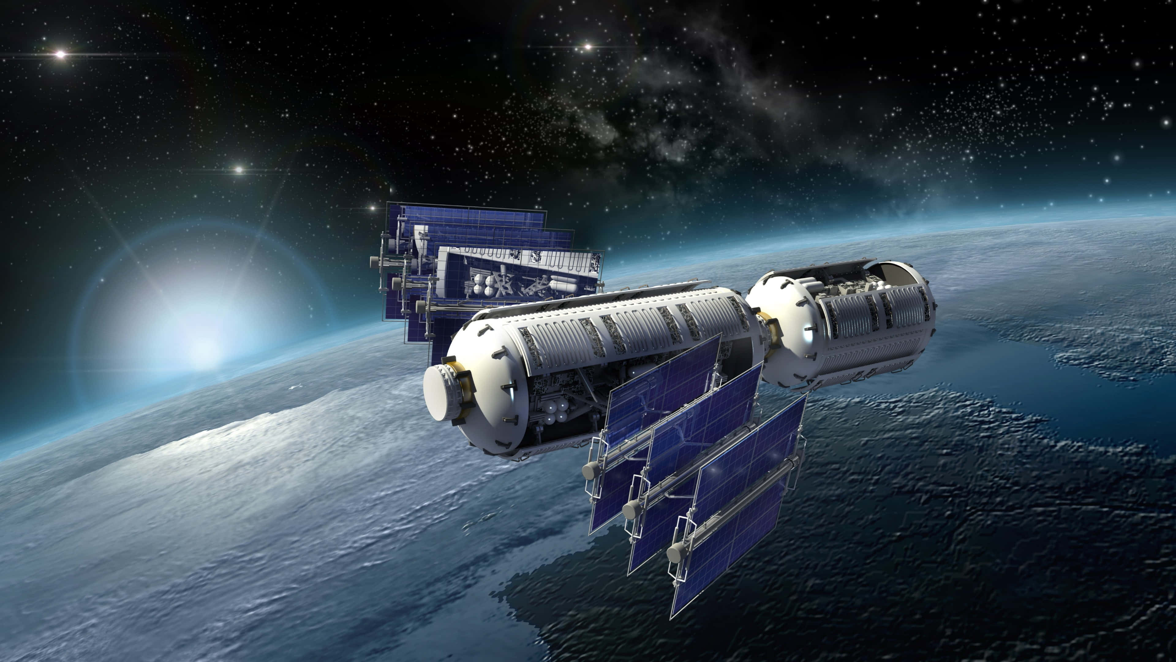 Space Technology 桌布 壁紙 — 一個詳細的太空站繞地球運行，太陽能板展開，背景是星空和發光的大氣層。