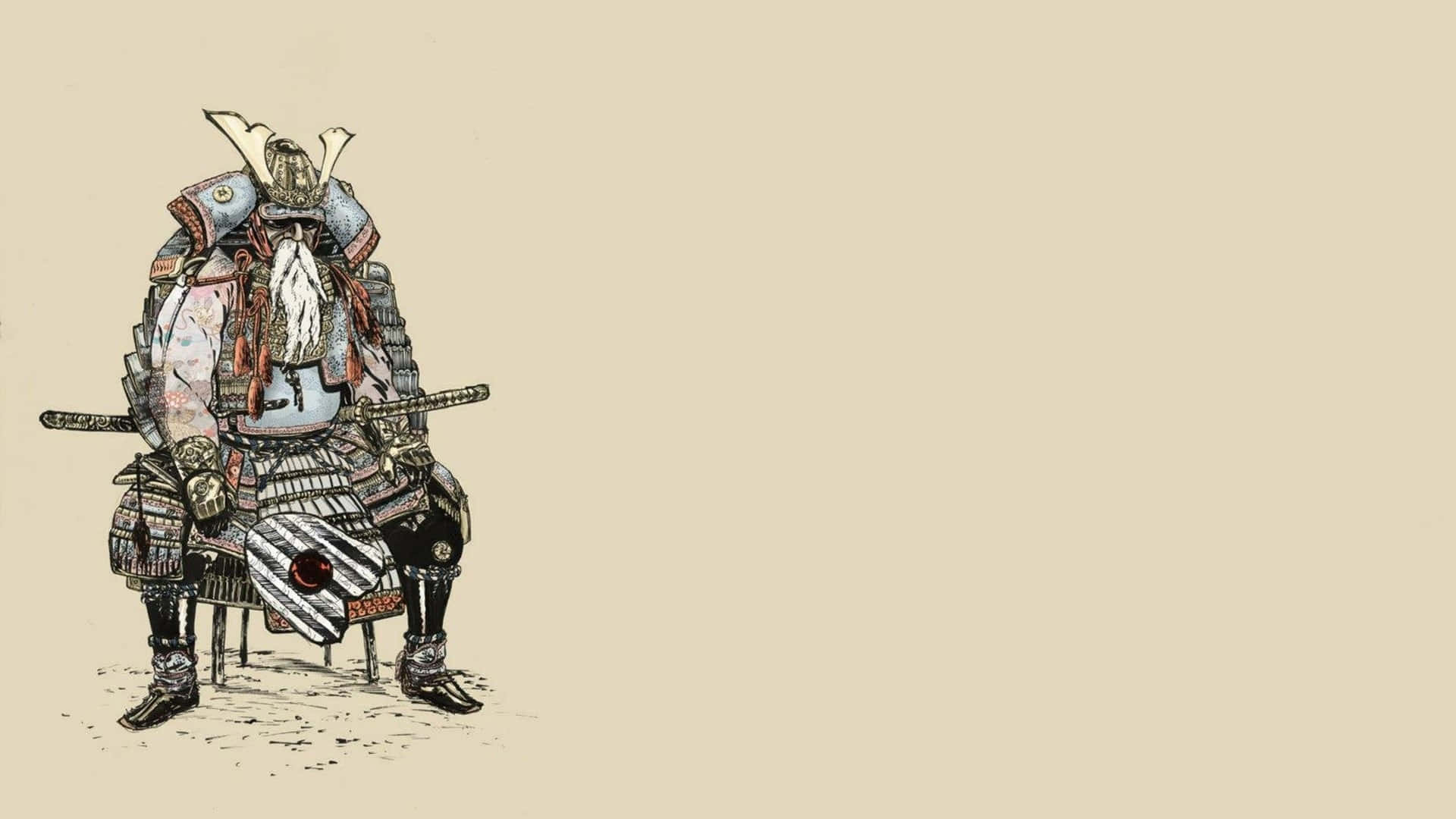 Bushido 桌布 壁紙 — 一個詳細的插圖，描繪一位身穿華麗盔甲的坐姿武士，背景為純米色。