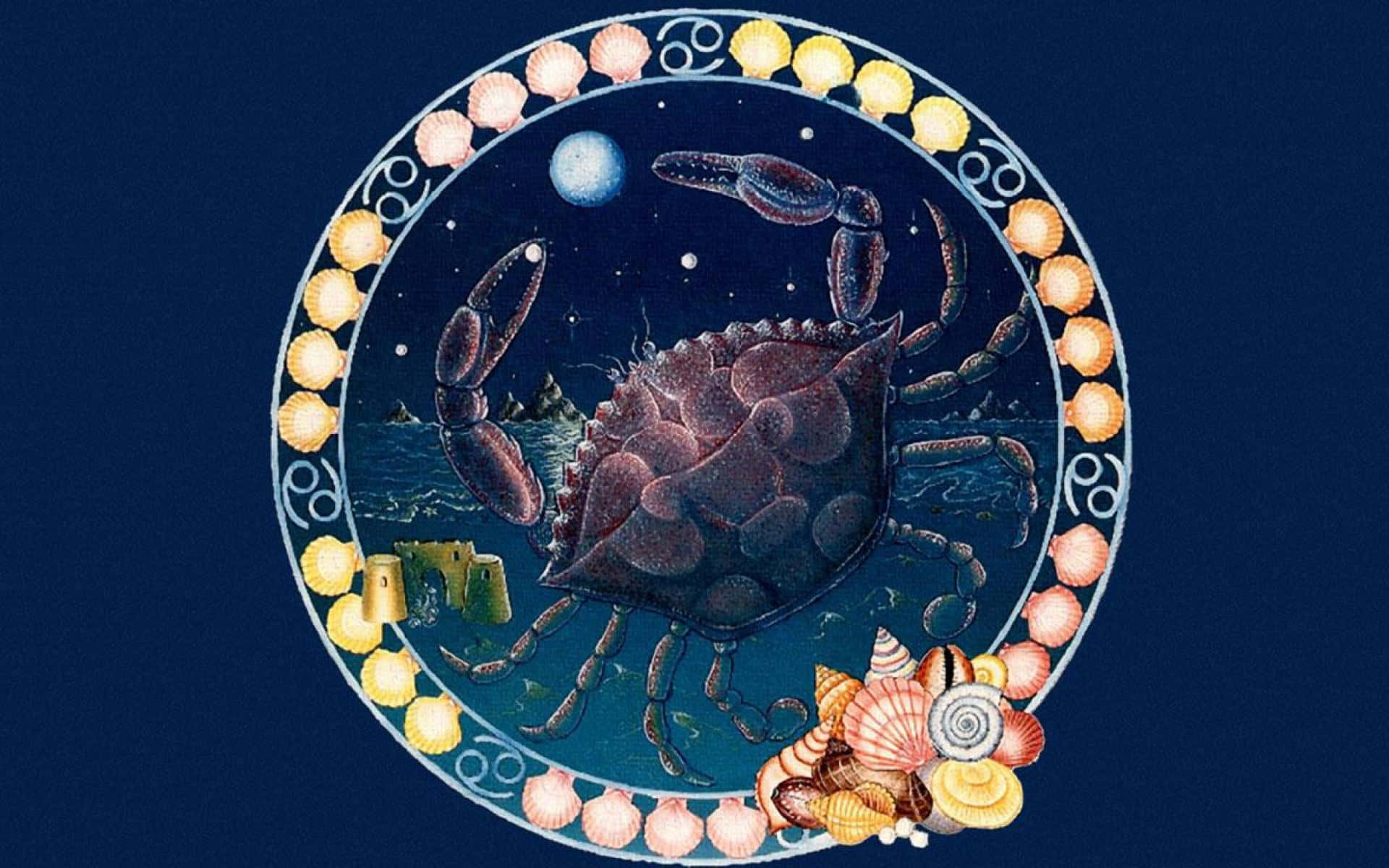 cancer 桌布 壁紙 — 一個詳細的插圖，描繪了一隻螃蟹在月光下的天空，周圍環繞著一圈色彩繽紛的貝殼。