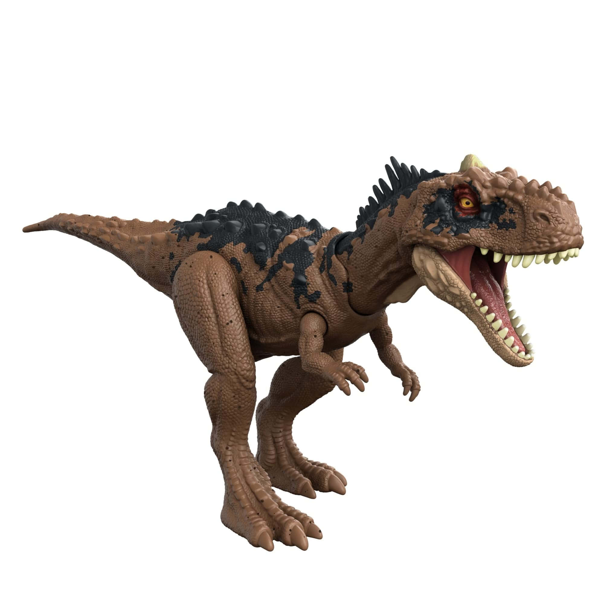 Jurassic World 桌布 壁紙 — 一個詳細的棕色和黑色玩具暴龍，背部有尖刺，嘴巴張開，背景為純白色。
