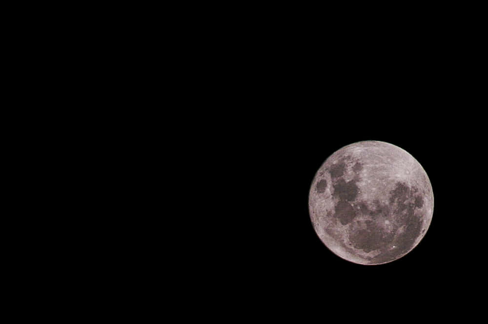 Perigee 桌布 壁紙 — 一個詳細的滿月，帶有可見的隕石坑和月海，在深黑色的夜空中柔和發光。