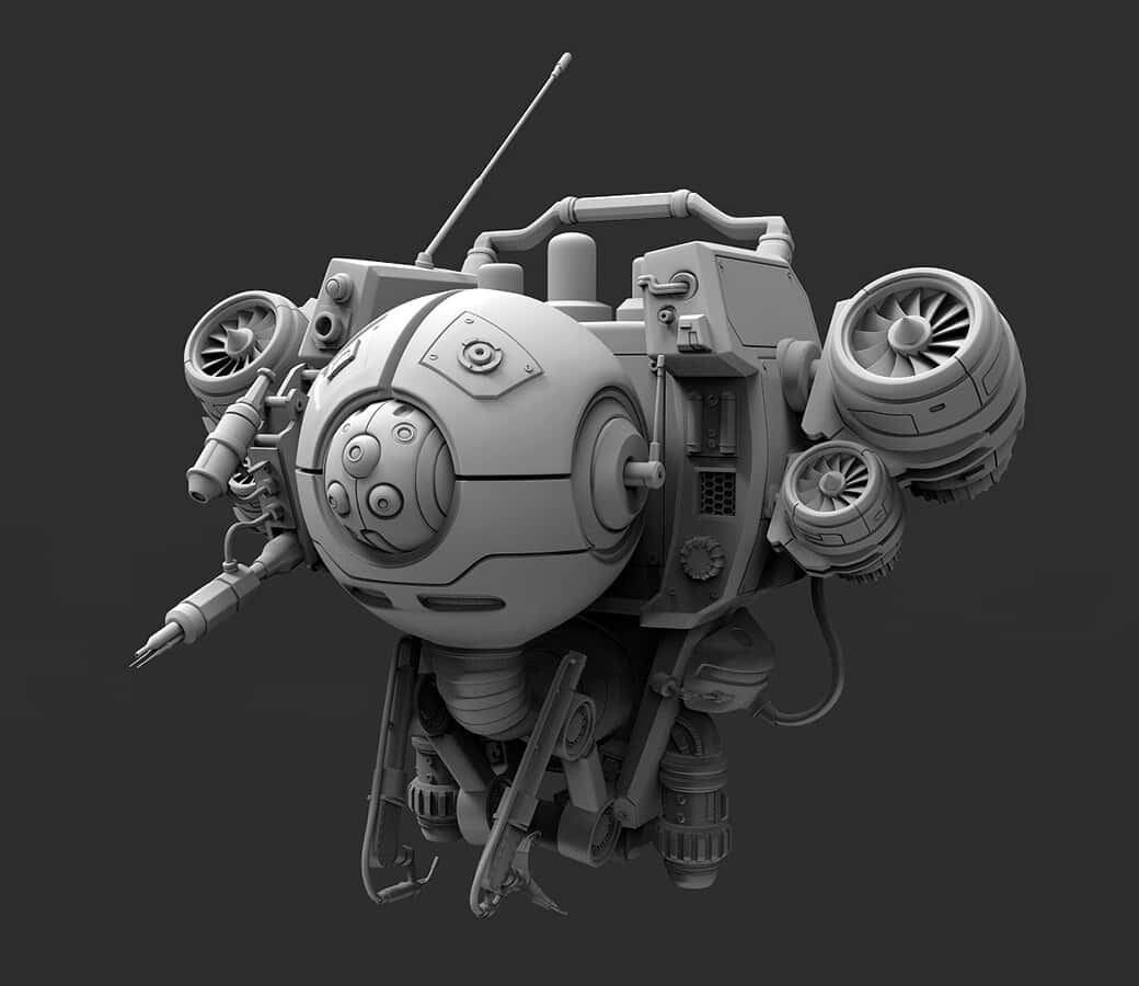 3d Modeling 桌布 壁紙 — 一個詳細的灰階3D渲染，描繪了一個未來主義的球形機械人，配備多個推進器和機械肢體，背景為深色。