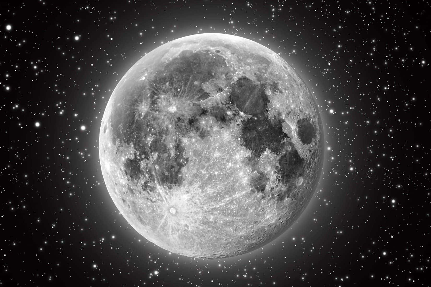月亮與星星動畫 桌布 壁紙 — 一個詳細的灰階月亮主導著星場，在宇宙光下閃耀著隕石坑和月海。