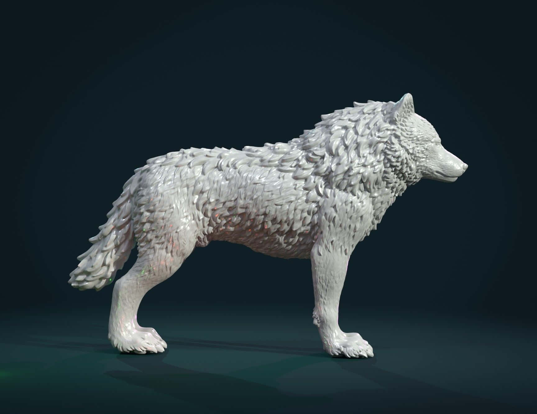 3d Wolf 桌布 壁紙 — 一個詳細的白色3D渲染狼雕像，在柔和燈光下，於深色漸變背景前擺出姿勢。