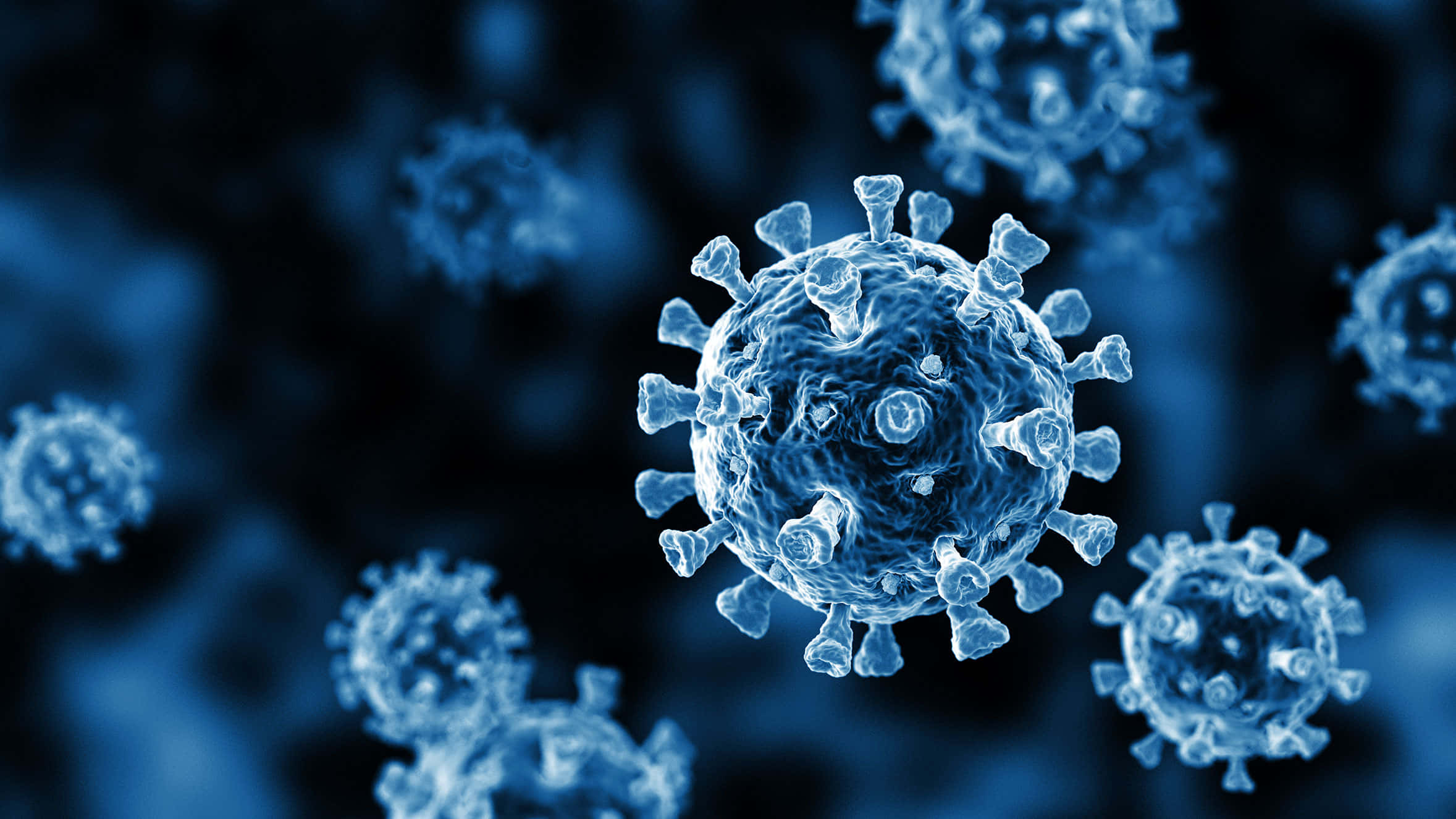 Coronavirus 桌布 壁紙 — 一個詳細的藍色調3D渲染病毒粒子，帶有刺突蛋白，漂浮在黑暗模糊的背景上。