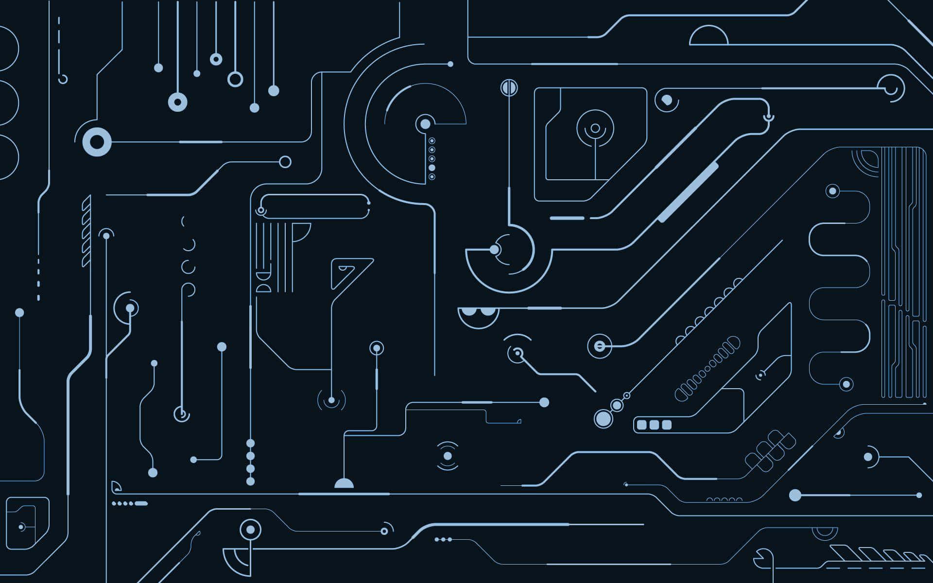 Minimalist Technology 桌布 壁紙 — 一個詳細的藍色電路板圖案，在黑暗背景上發光，帶有複雜的路徑和組件。