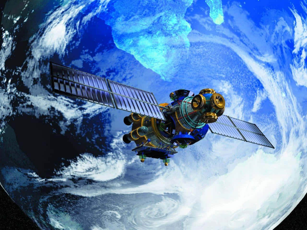 Satellite 桌布 壁紙 — 一個詳細的衛星帶有太陽能電池板繞地球運行，顯示出旋轉的雲層和藍色海洋，背景是太空的漆黑。