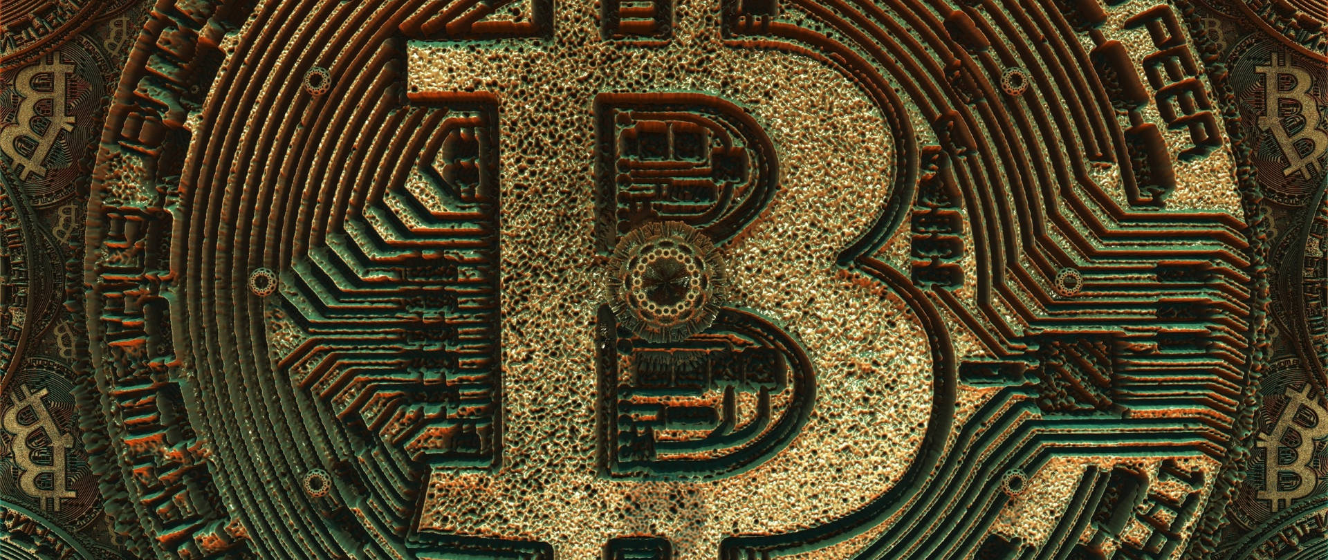 比特幣符號蝕刻在發光電路板上的特寫，帶有金屬質感。 — 比特幣 壁紙