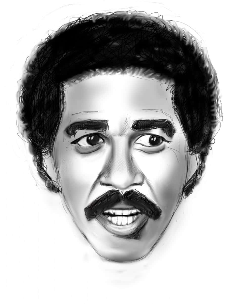 Richard Pryor 桌布 壁紙 — 一個詳細的黑白數碼素描，描繪一位留鬍子和爆炸頭髮型的男子微微微笑。