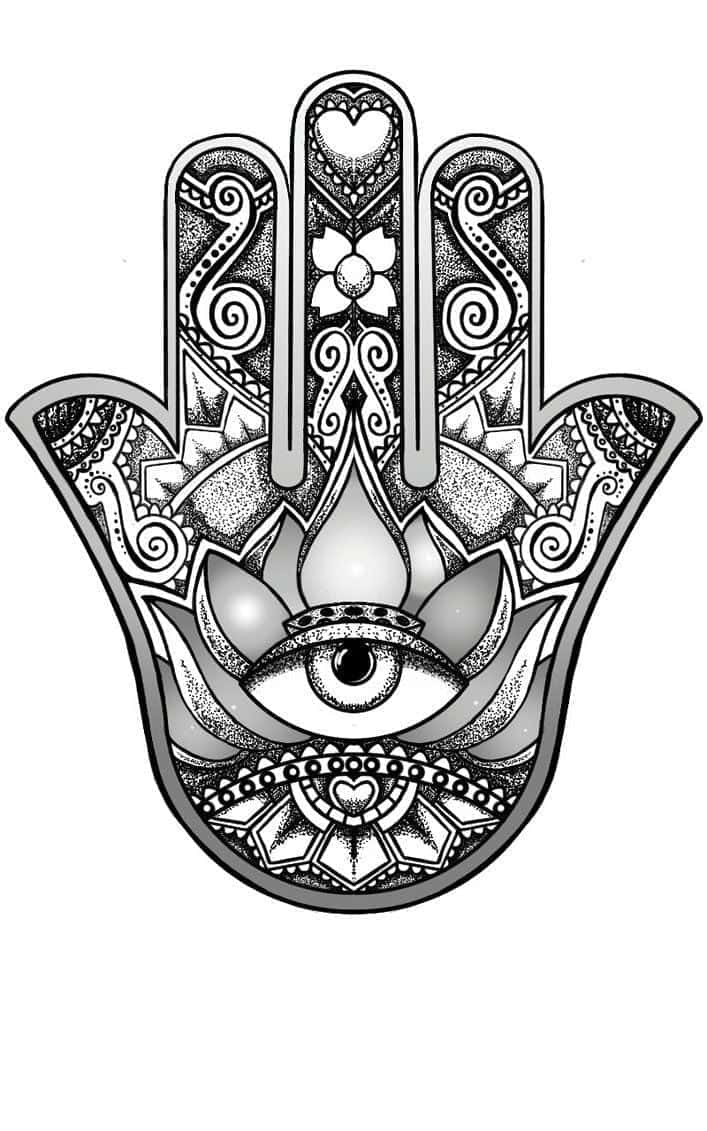 Hamsa 桌布 壁紙 — 一個詳細的黑白漢莎手部紋身設計，中心有一個全視之眼，周圍環繞著複雜的幾何和花卉圖案。