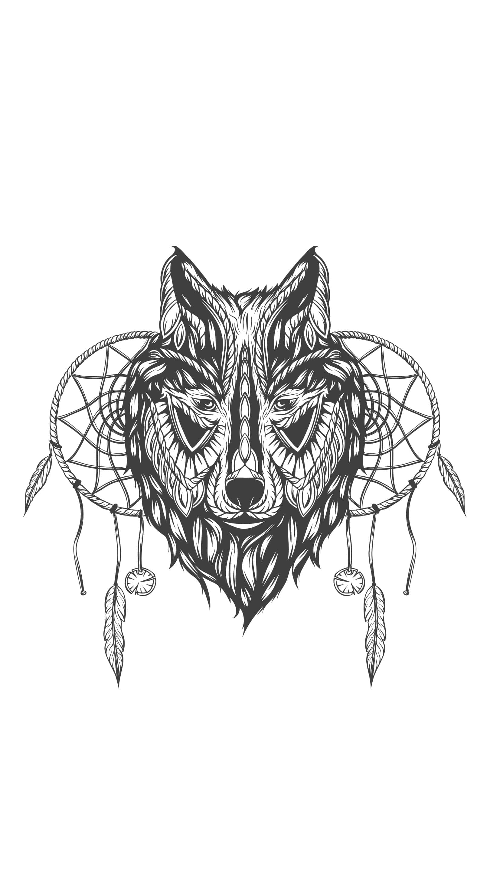 Wolf Tattoo 桌布 壁紙 — 一個詳細的黑白線條藝術插圖，描繪了一個被帶有羽毛和珠子的捕夢網包圍的狼頭。