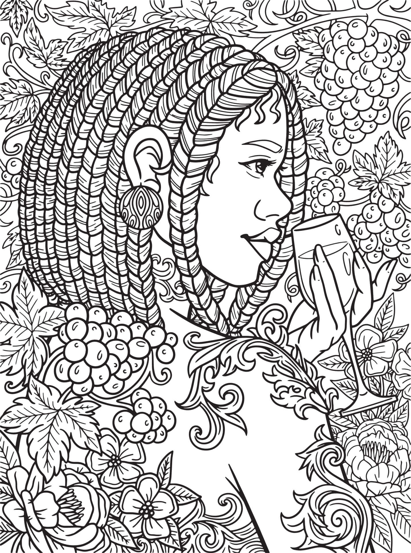 Black Art 桌布 壁紙 — 一個詳細的黑白線條藝術肖像，描繪一位辮子髮型的女性，在葡萄和花朵環繞下啜飲玻璃杯中的飲料。
